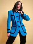 Blazer in lana e mohair ciano con riporti di velluto nero 
