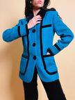 Blazer in lana e mohair ciano con riporti di velluto nero 