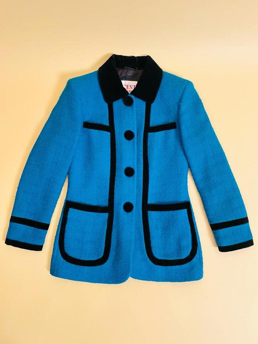 Blazer in lana e mohair ciano con riporti di velluto nero 