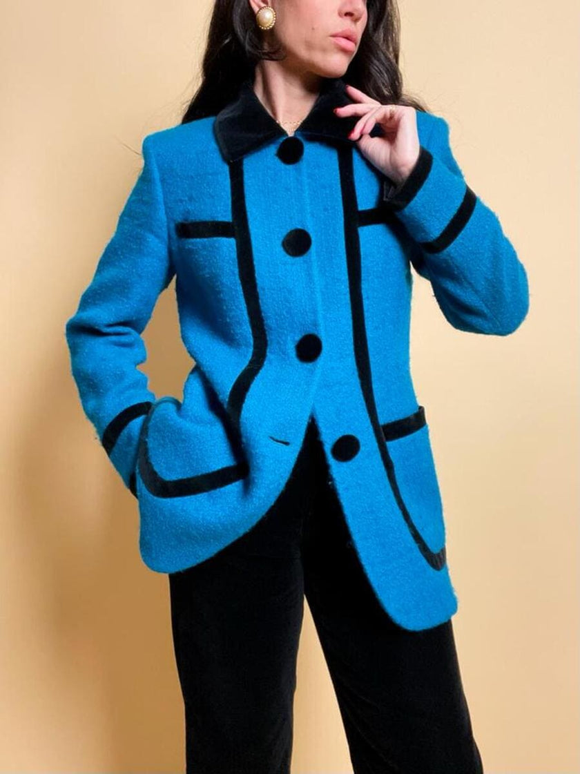 Blazer in lana e mohair ciano con riporti di velluto nero 