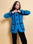 Blazer in lana e mohair ciano con riporti di velluto nero 