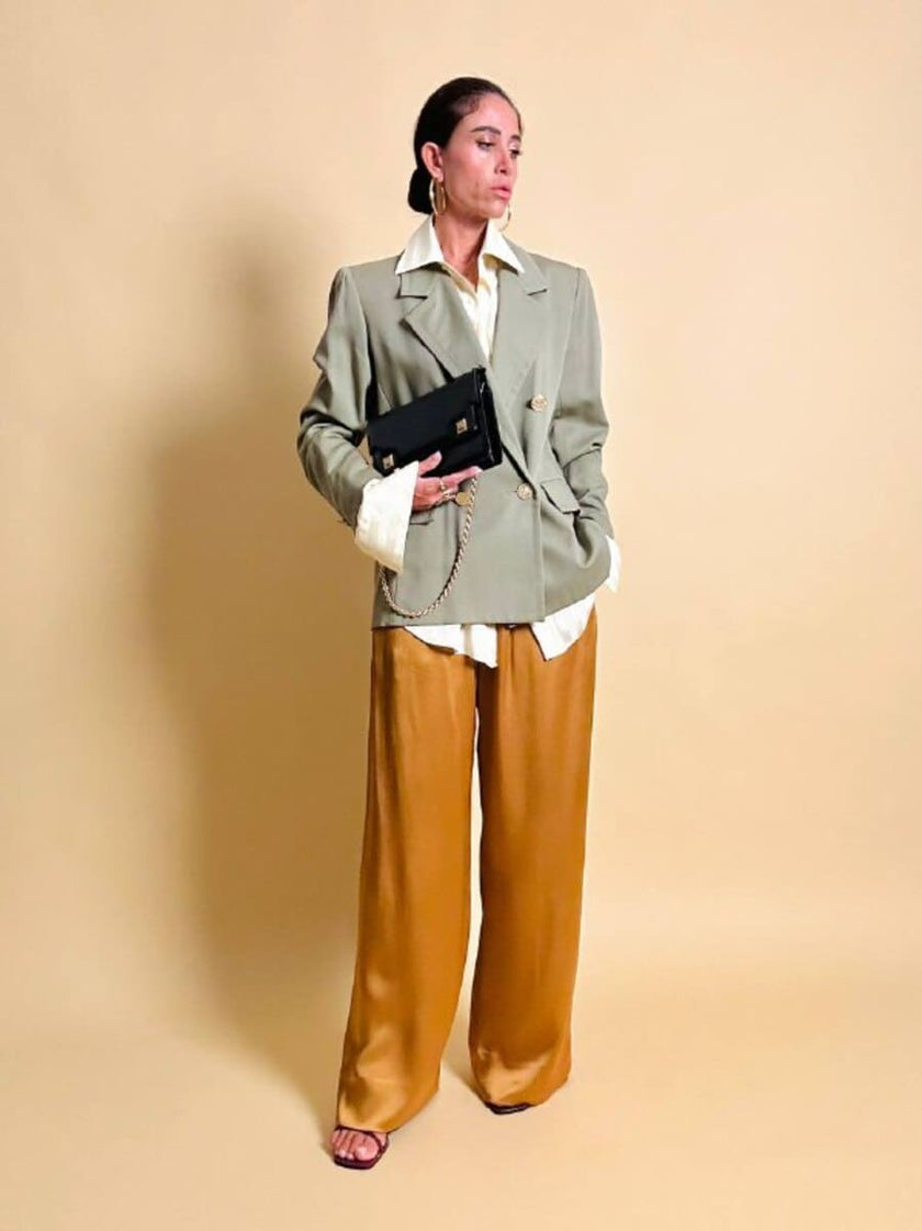 Blazer doppiopetto Yves Saint Laurent  in rasato di lana cachi con bottoni gioiello