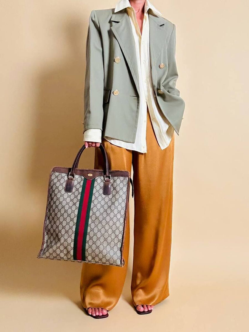 Blazer doppiopetto Yves Saint Laurent  in rasato di lana cachi con bottoni gioiello