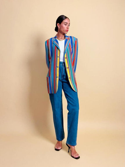 Blazer in crèpe di seta a righe multicolor 