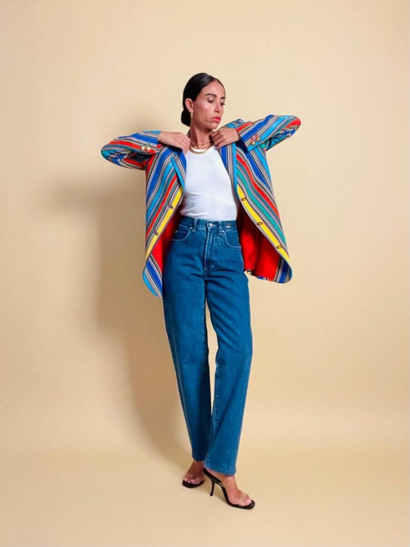 Blazer in crèpe di seta a righe multicolor 
