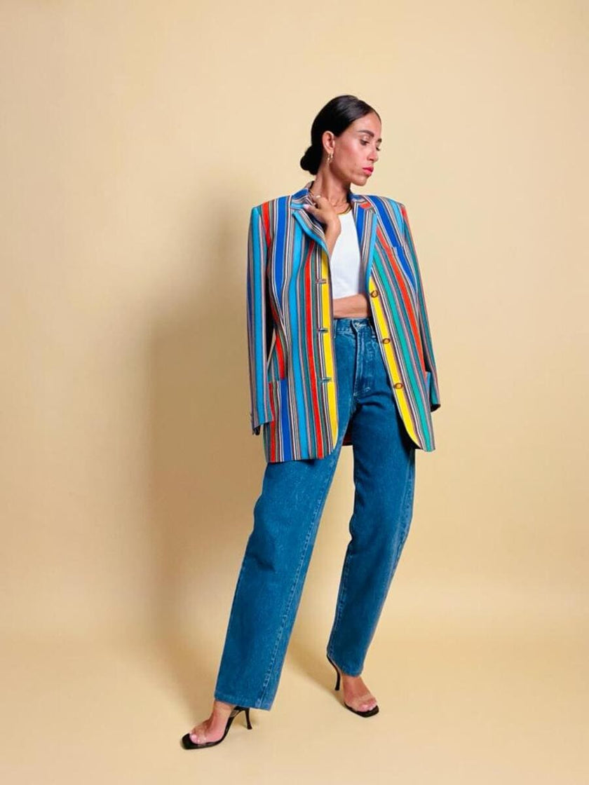 Blazer in crèpe di seta a righe multicolor 
