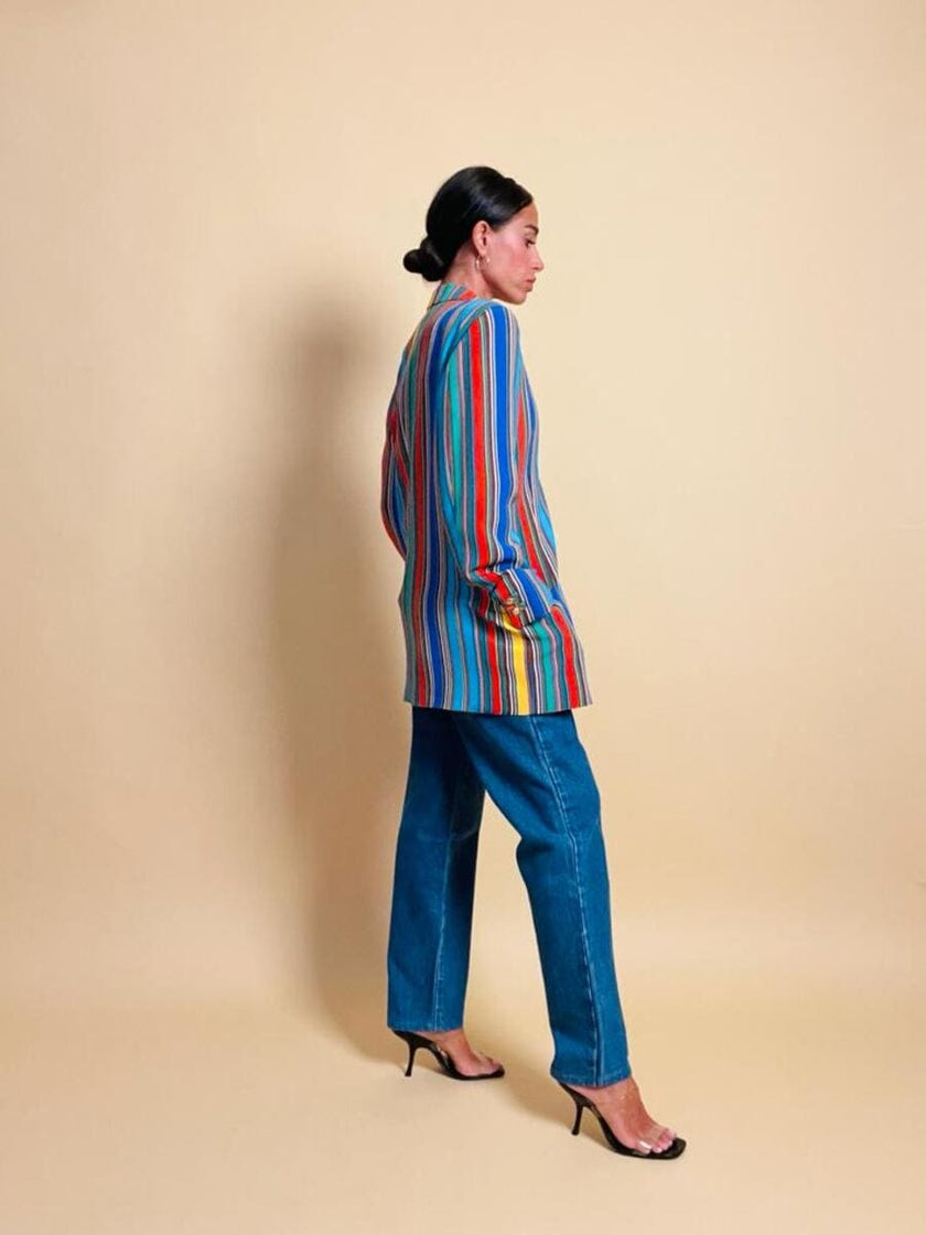 Blazer in crèpe di seta a righe multicolor 