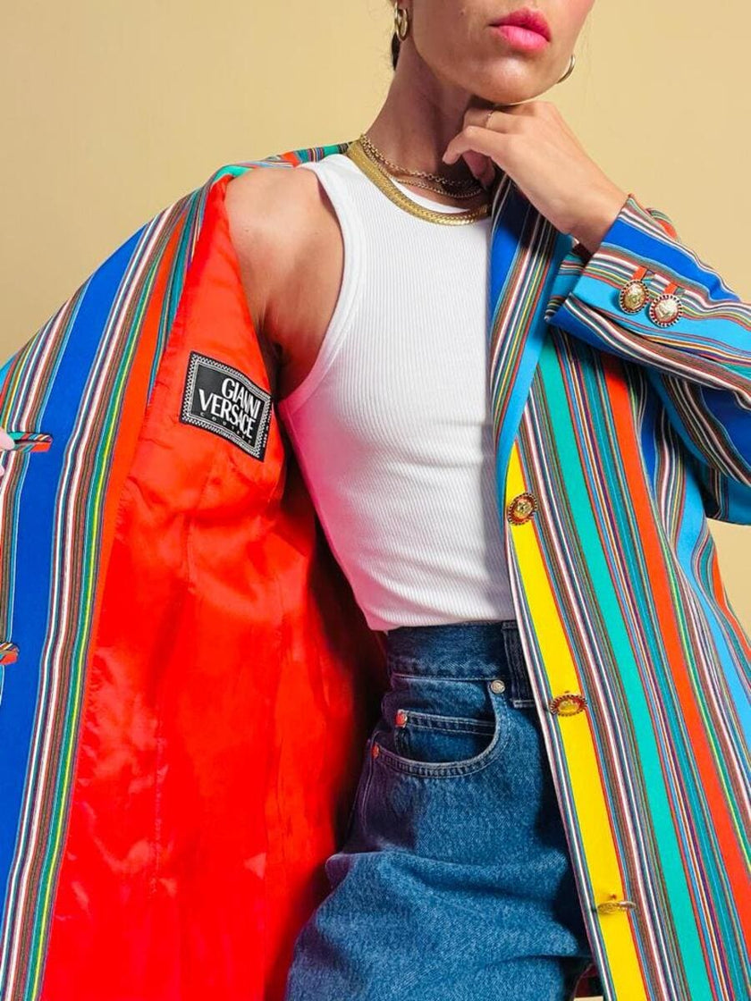Blazer in crèpe di seta a righe multicolor 