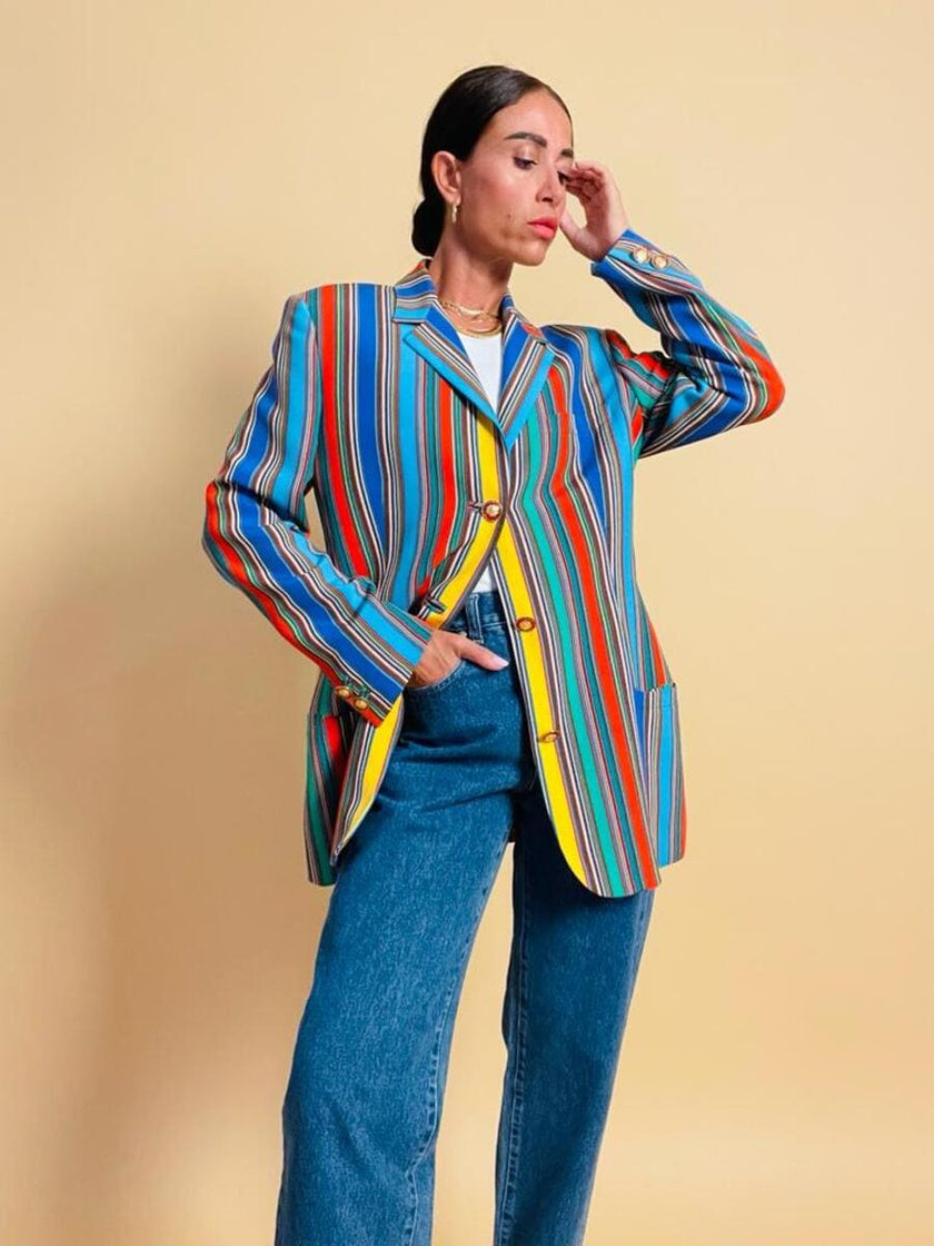 Blazer in crèpe di seta a righe multicolor 