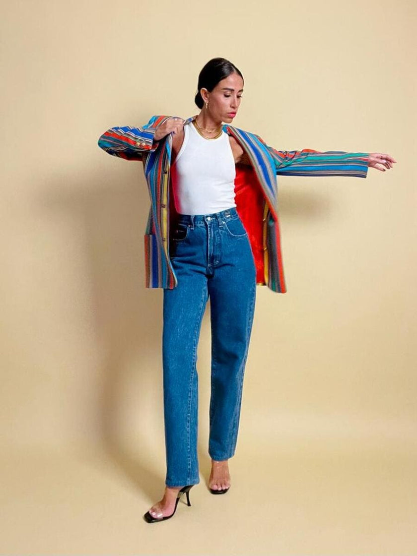 Blazer in crèpe di seta a righe multicolor 