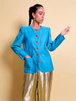 Blazer in shantung turchese con bottoni rossi a forma di cuore 