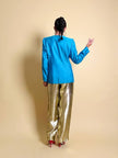 Blazer in shantung turchese con bottoni rossi a forma di cuore 
