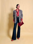 Blazer oversize in lana check beige e marrone con fodera fantasia uccellini