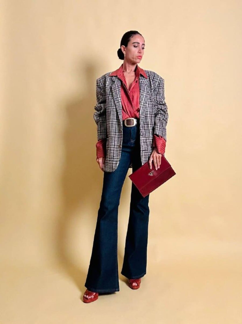 Blazer oversize in lana check beige e marrone con fodera fantasia uccellini