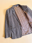 Blazer oversize in lana check beige e marrone con fodera fantasia uccellini
