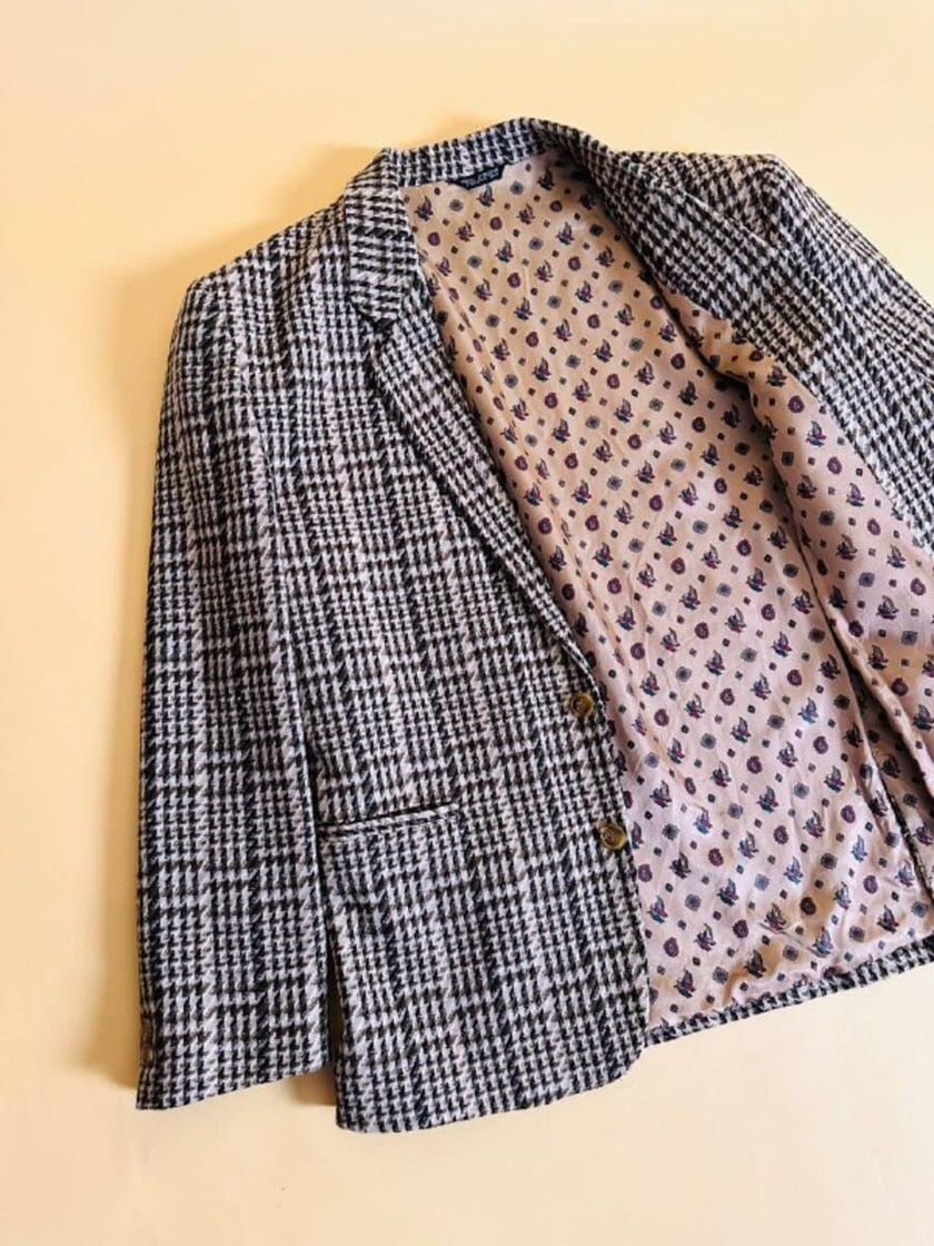 Blazer oversize in lana check beige e marrone con fodera fantasia uccellini
