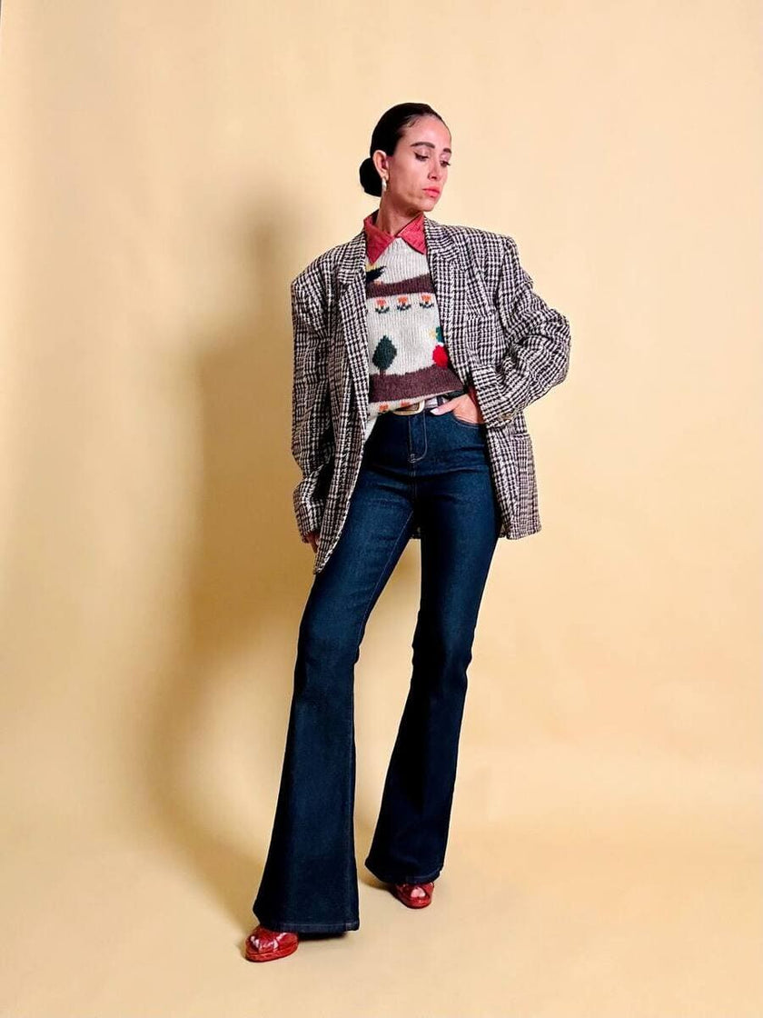 Blazer oversize in lana check beige e marrone con fodera fantasia uccellini