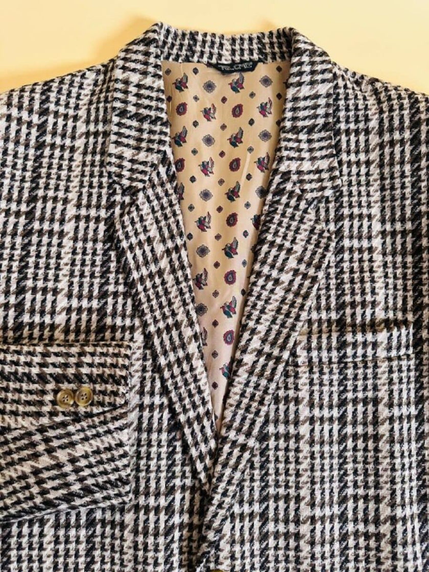 Blazer oversize in lana check beige e marrone con fodera fantasia uccellini