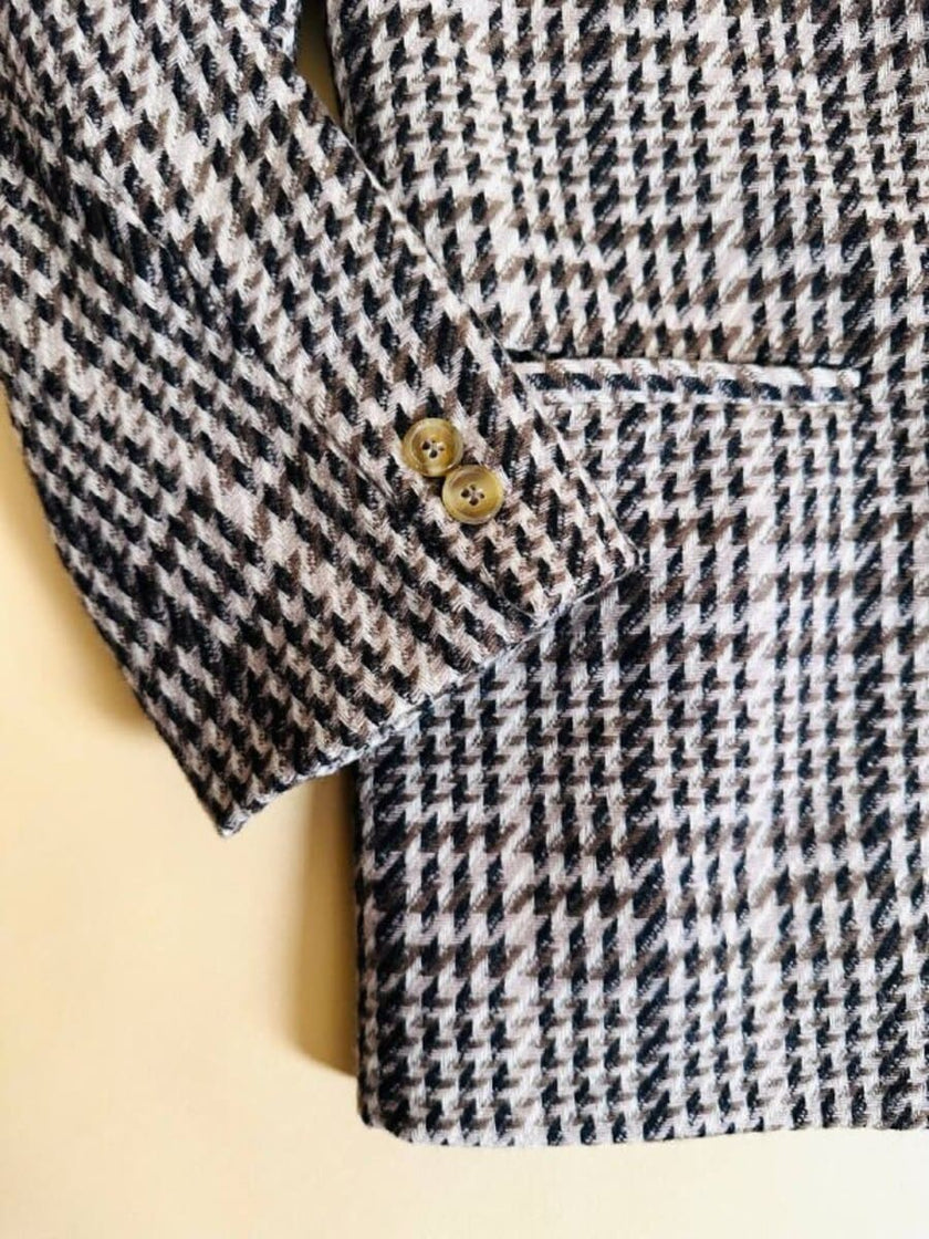 Blazer oversize in lana check beige e marrone con fodera fantasia uccellini