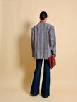 Blazer oversize in lana check beige e marrone con fodera fantasia uccellini