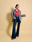 Blazer oversize in lana check beige e marrone con fodera fantasia uccellini