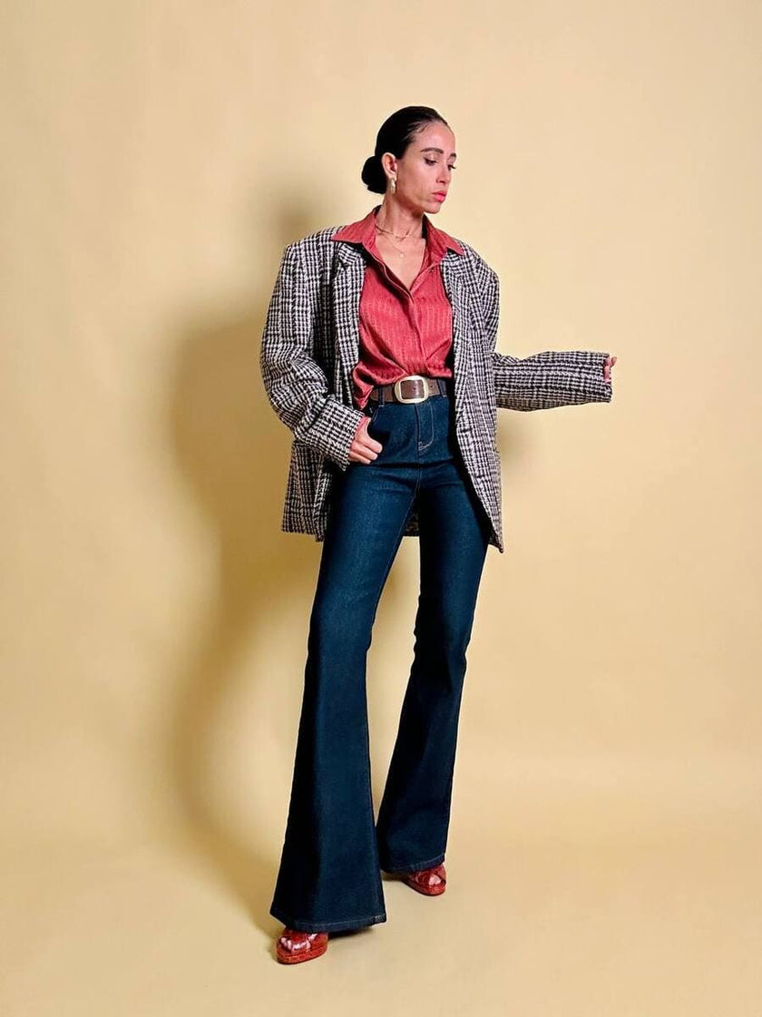 Blazer oversize in lana check beige e marrone con fodera fantasia uccellini