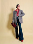 Blazer oversize in lana check beige e marrone con fodera fantasia uccellini