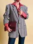 Blazer oversize in lana check beige e marrone con fodera fantasia uccellini