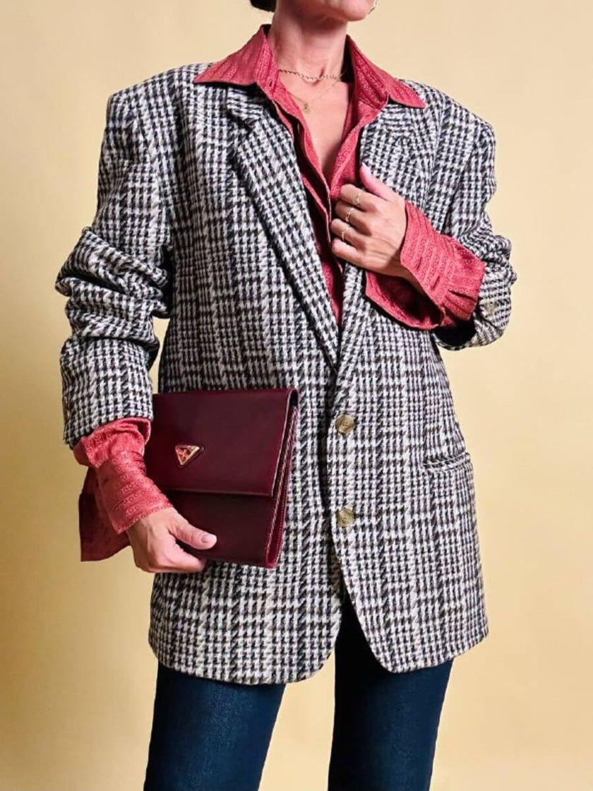 Blazer oversize in lana check beige e marrone con fodera fantasia uccellini