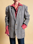 Blazer oversize in lana check beige e marrone con fodera fantasia uccellini