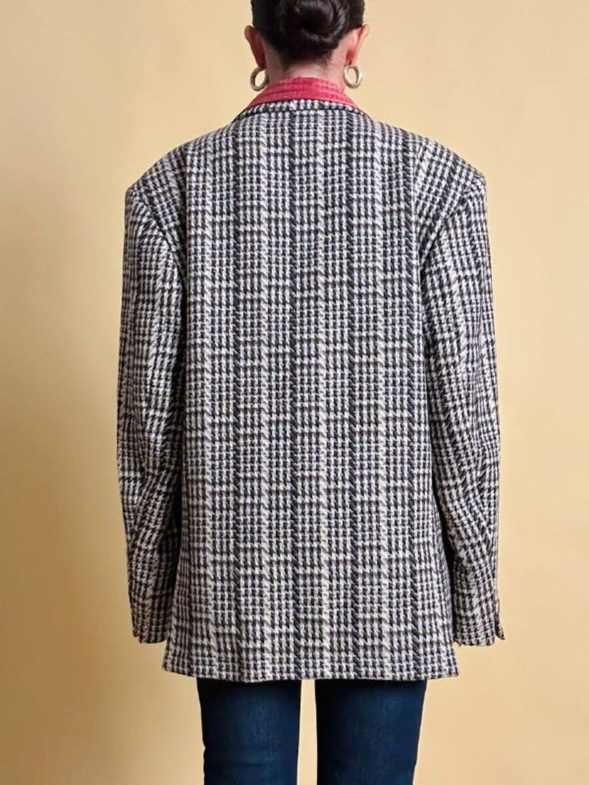 Blazer oversize in lana check beige e marrone con fodera fantasia uccellini