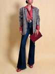 Blazer oversize in lana check beige e marrone con fodera fantasia uccellini