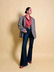 Blazer oversize in lana check beige e marrone con fodera fantasia uccellini