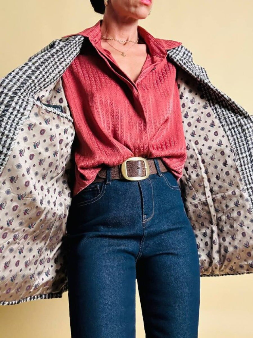 Blazer oversize in lana check beige e marrone con fodera fantasia uccellini