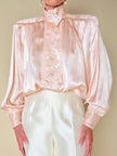 Blusa in raso di seta rosa pastello con ricamo pampino e micro perle “Paul Alexander”