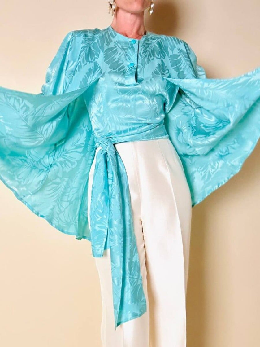 Blouse cape en soie Jacquard aigue-marine « Vizio »