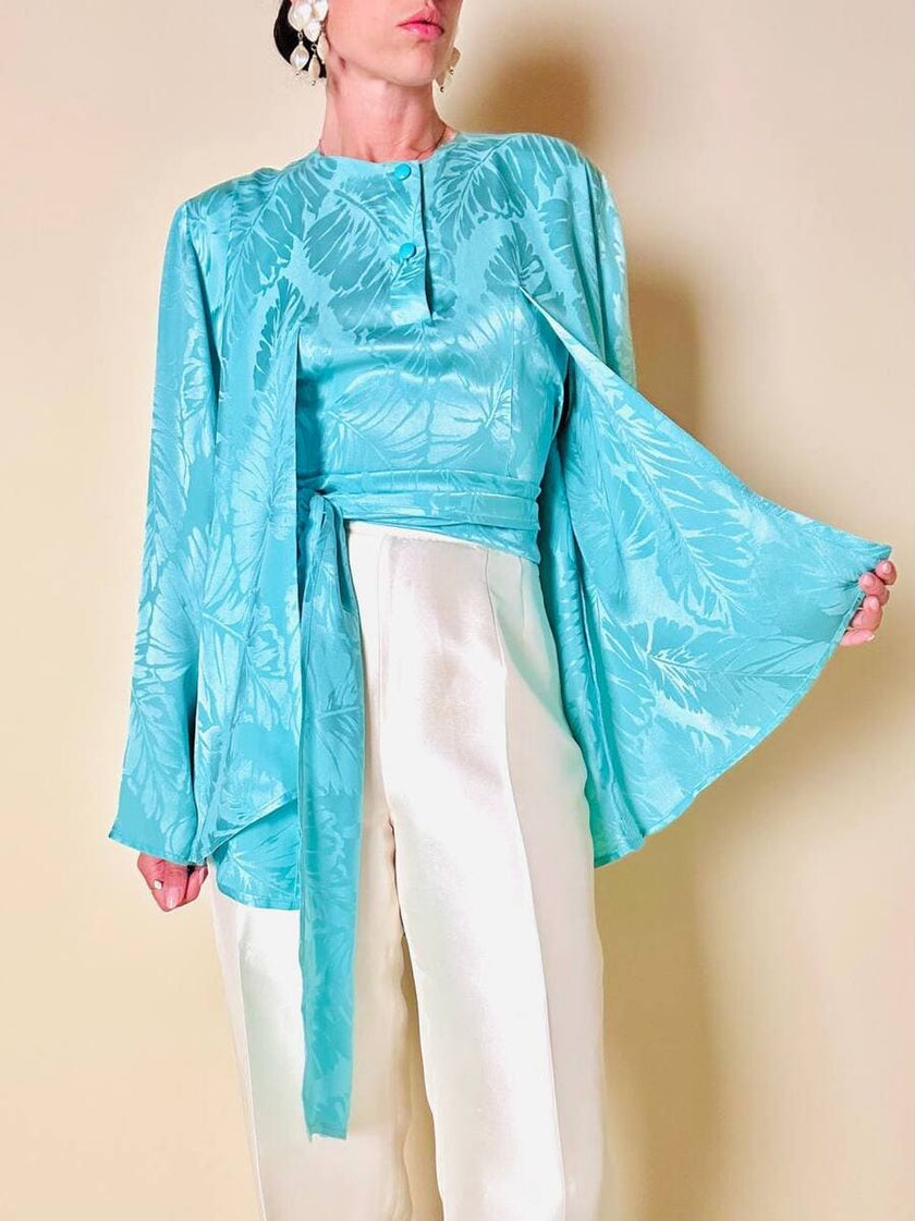 Blouse cape en soie Jacquard aigue-marine « Vizio »