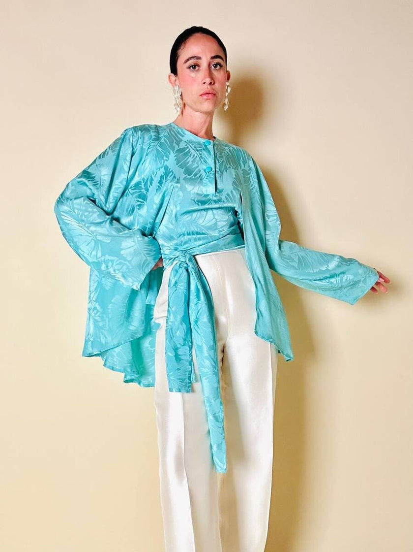 Blouse cape en soie Jacquard aigue-marine « Vizio »
