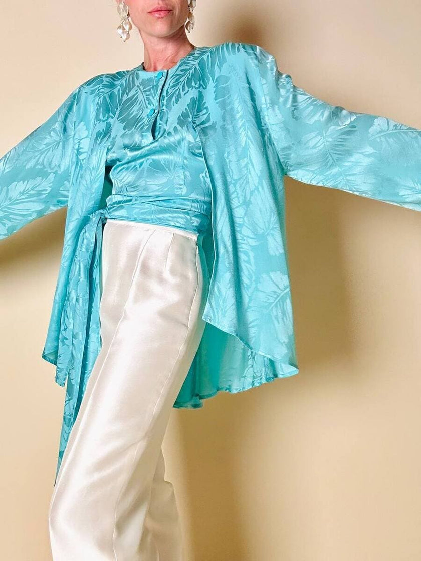 Blouse cape en soie Jacquard aigue-marine « Vizio »