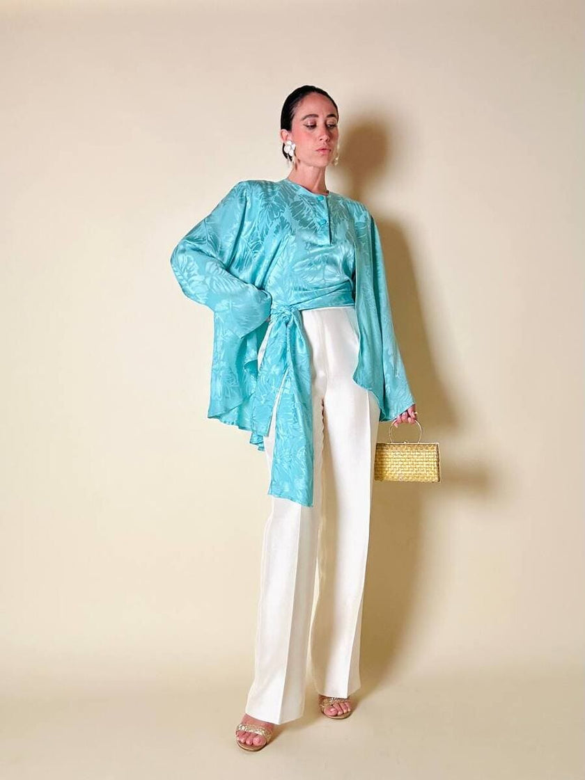 Blouse cape en soie Jacquard aigue-marine « Vizio »