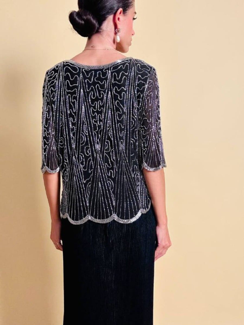 Blusa nera in chiffon di seta ricamata con perline silver