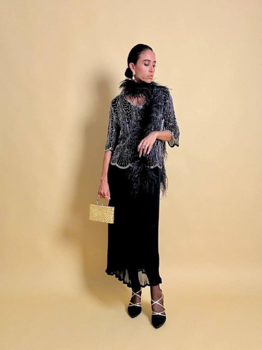 Blusa nera in chiffon di seta ricamata con perline silver