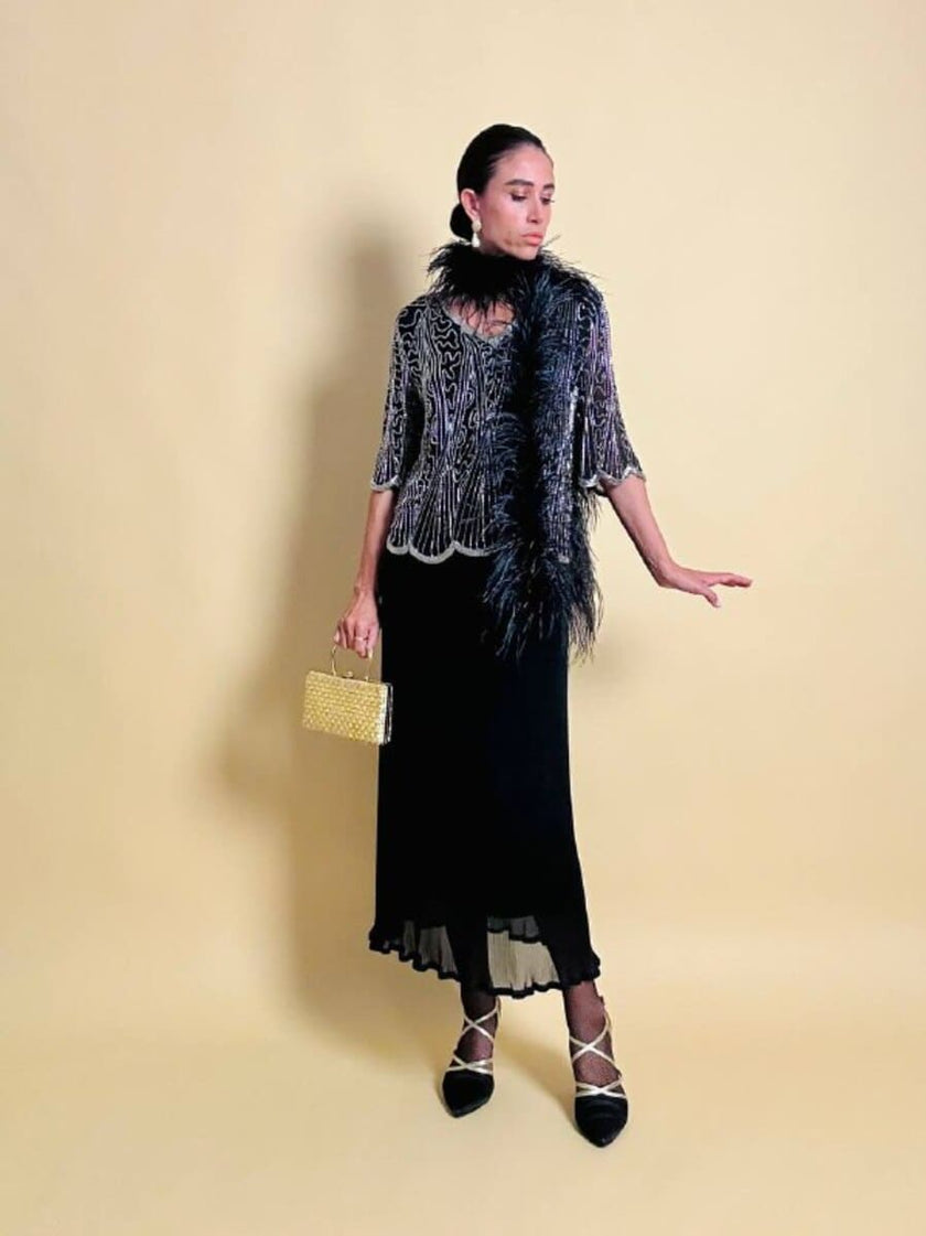 Blusa nera in chiffon di seta ricamata con perline silver