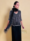 Blusa nera in chiffon di seta ricamata con perline silver