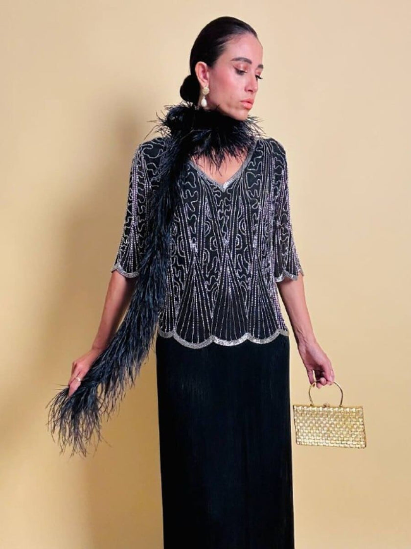 Blusa nera in chiffon di seta ricamata con perline silver