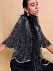 Blusa nera in chiffon di seta ricamata con perline silver