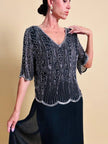 Blusa nera in chiffon di seta ricamata con perline silver