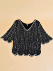 Blusa nera in chiffon di seta ricamata con perline silver