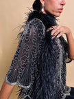 Blusa nera in chiffon di seta ricamata con perline silver