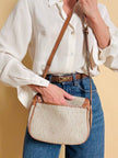 Sac bandoulière en tissu logoté couleur corde et cuir fauve 